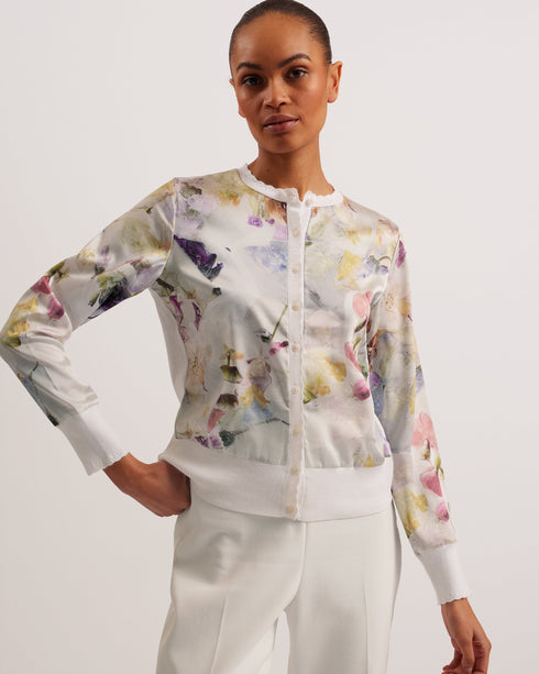 HAYLOU-Knitwear-It's all in the details: Cardigan Woven front and sleeves Floral print detail Cotton silk blend back Scallop knitted trims Ribbed hem Button fastenings Stephanie is 5'8.5" / 1.74m and wears White in a Ted size 1- Ted Baker Romania
